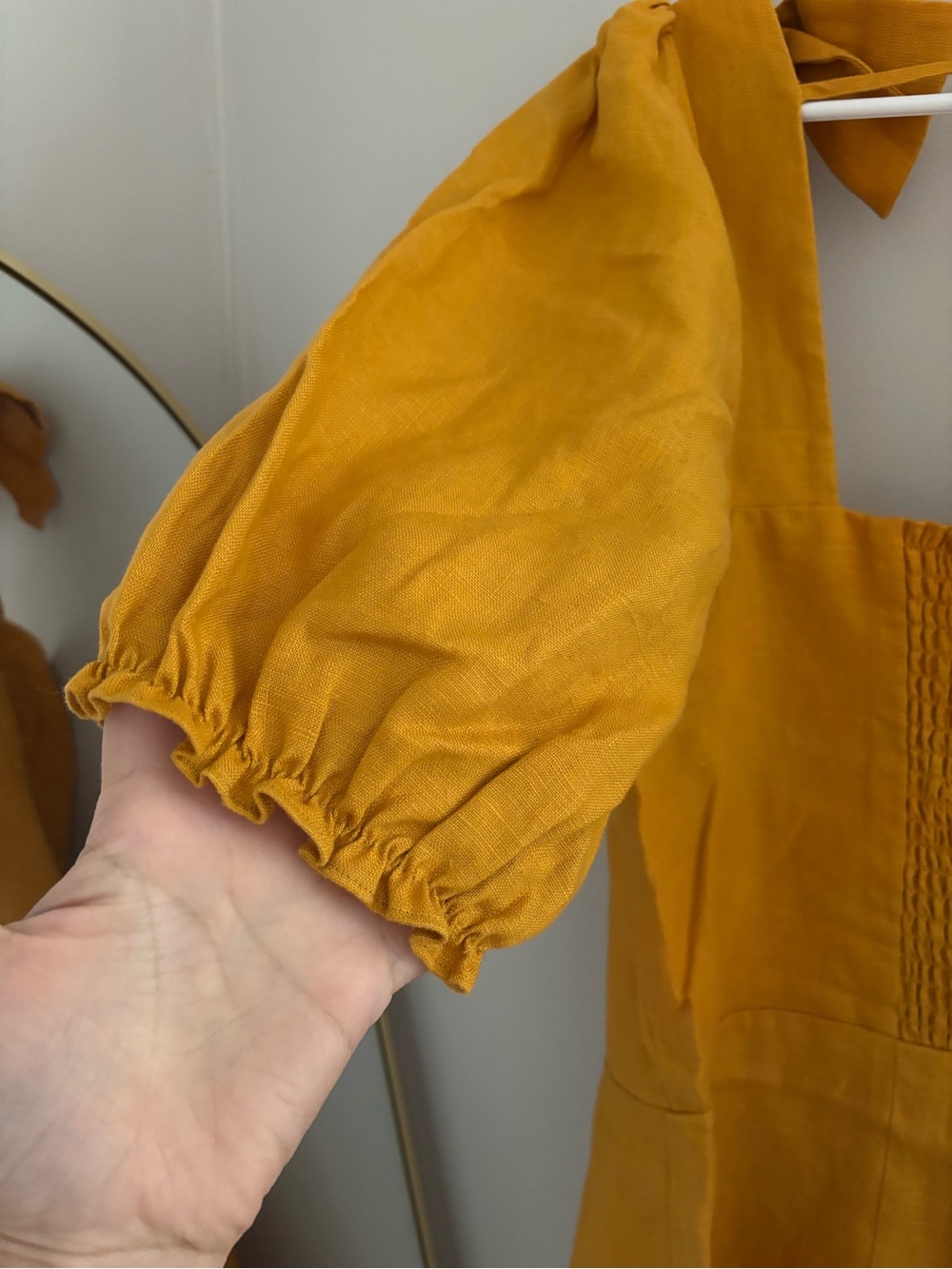 NWOT Reformation | 100% linen, Mustard Puff-Sleeve Mini Dress - Picture 10 of 10